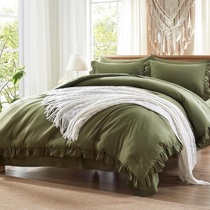 Anluoer Full Comforter Set 7 Piece, Olive Green Bed in a Bag with Sheets, All Season Ruffle Shabby Chic Bedding Sets with 1 Comforter, 2 Pillow Shams, 2 Pillowcases, 1 Flat Sheet, 1 Fitted Sheet - LeafyLoom