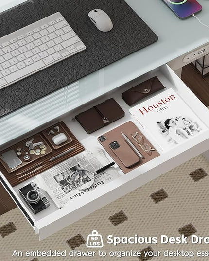 Electric Standing Desk with Drawer, 48 x 24 inches with Preassembled Top & USB Charging Ports, Height Adjustable for Home & Office, White Glass - LeafyLoom