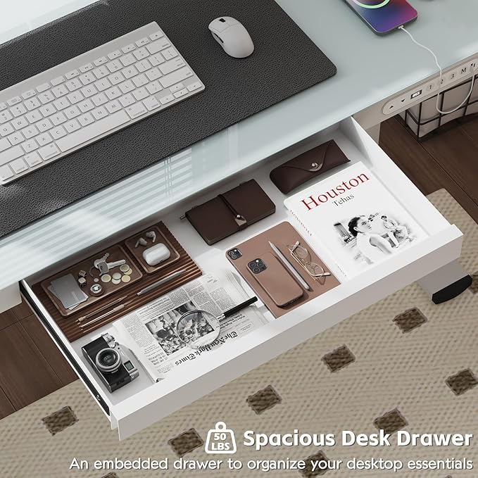 Electric Standing Desk with Drawer, 48 x 24 inches with Preassembled Top & USB Charging Ports, Height Adjustable for Home & Office, White Glass - LeafyLoom