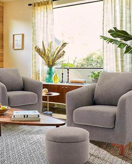 COLAMY Sherpa Accent Chairs with Storage Ottoman Set of 2, Upholstered Barrel Arm Chair with Footrest, Modern Living Room Chair with Back Pillow, Grey - LeafyLoom