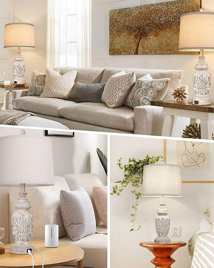 TOBUSA Farmhouse Table Lamps Set of 2, 26” Tall Bedside Lamps with Dual USB Ports, Nightstand Lamps with Carved Floral, Resin End Table Lamps for Living Room, Bedroom, Rotary Switch, No Bulbs - LeafyLoom