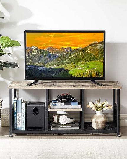 VECELO Industrial, Media Console Table up to 47 inch Television,3-tier Mesh/Wood Storage Shelves for Living Room/Bedroom, 39 inch TV Stand, Grey - LeafyLoom