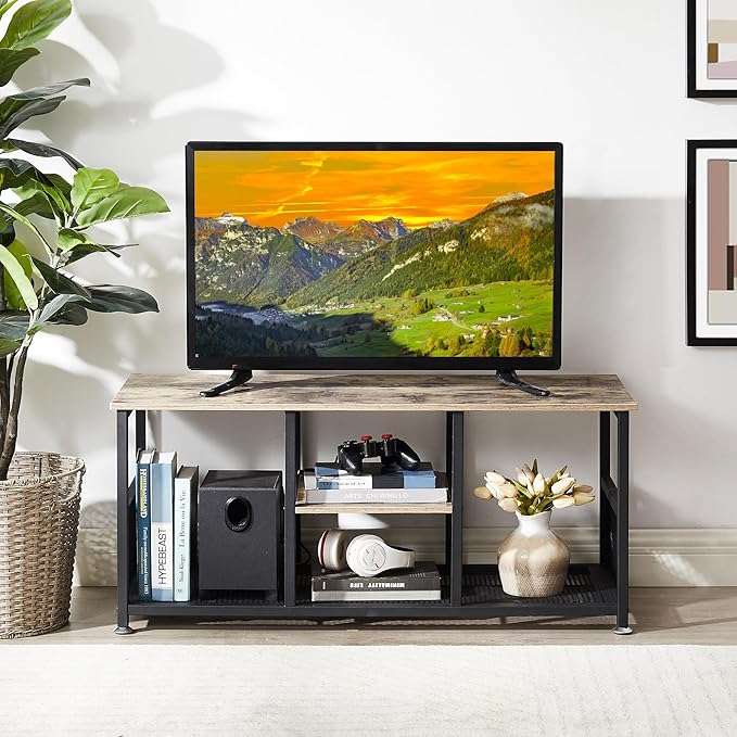 VECELO Industrial, Media Console Table up to 47 inch Television,3-tier Mesh/Wood Storage Shelves for Living Room/Bedroom, 39 inch TV Stand, Grey - LeafyLoom