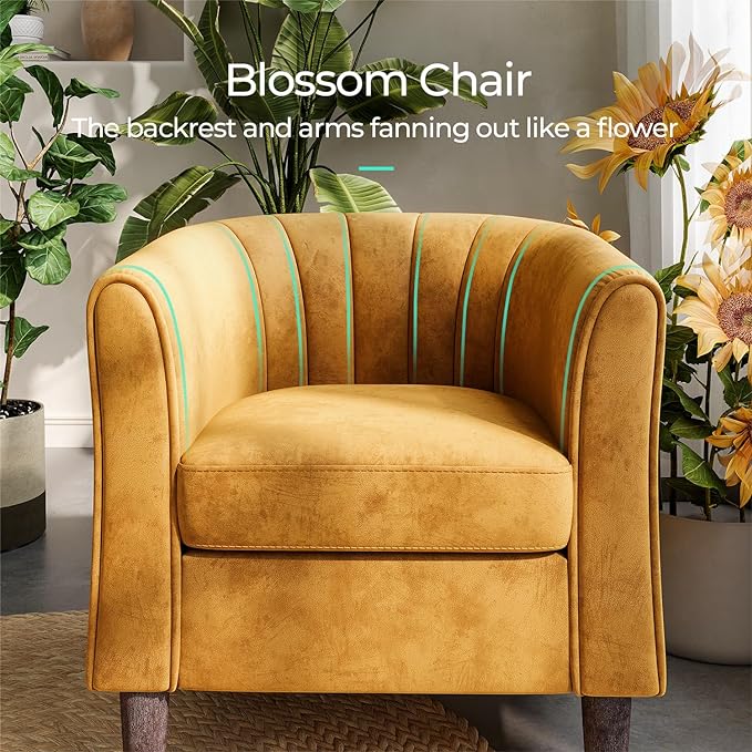 Velvet Accent Chair, Barrel Chair with Ottoman, Modern Comfy Reading Chair Armchair for Living Room Study Room Office, Yellow - LeafyLoom