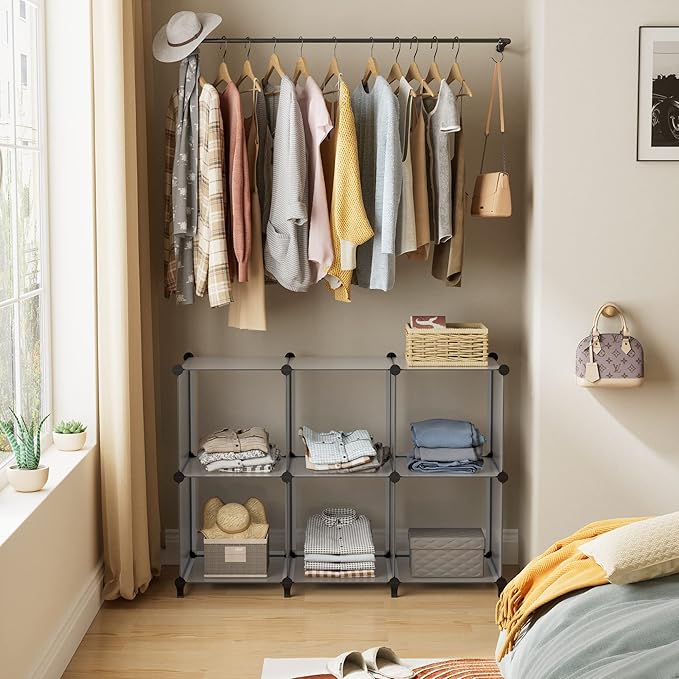 HOMIDEC 6-Cube Light Grey Cube Storage Organizer, Modular Storage Shelf with Hammer, Bin Cabinet Closet Bookshelf for Living Room, Bedroom, Office, Each Cube Size 11.8 x 11.8 inch - LeafyLoom