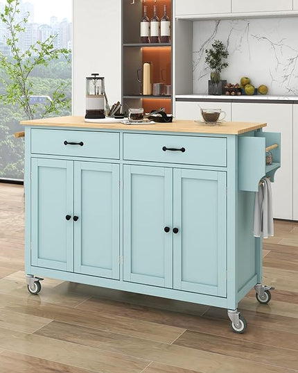 Solid Wood Top, Mobile Carts with Storage Cabinet, Rolling Kitchen Table w/Spice, Towel Rack, and Drawer, Portable Islands on Wheels, Mint Green, 54.33 Inch - LeafyLoom