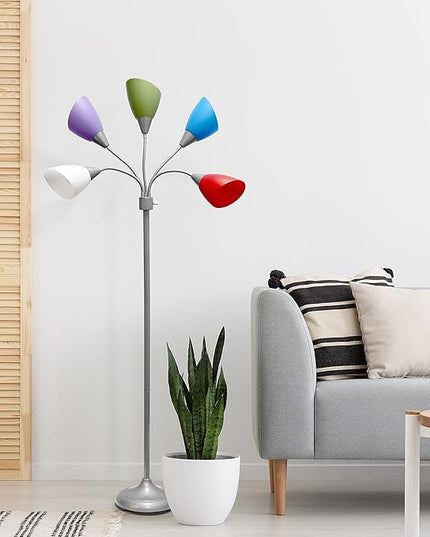 Simple Designs LF2006-SDM 67" Contemporary Multi Head Medusa 5 Light Adjustable Gooseneck Silver Floor Lamp with Primary Dark Multicolored Shades for Kids Bedroom Playroom Living Room Office - LeafyLoom