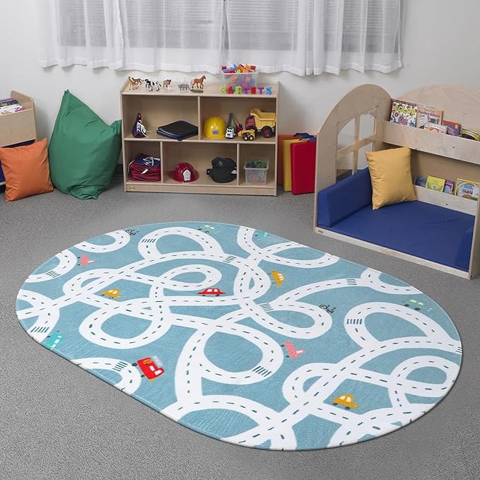 LIVEBOX Blue 3'x5' Non-Slip Kids Play Rug, Machine Washable Road Mat for Playroom, Toy Room Carpet with Cartoon Design for Boys and Girls - LeafyLoom