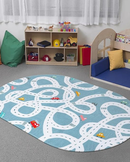 Small Road Rug for Kids Room, 3'x5' Washable Kids Play Rug for Baby Nursery, Non-Slip Car Rug for Playroom, Kids Play Mat Blue Traffic Carpet for Boys Girls Dorm Toy Room Tent - LeafyLoom