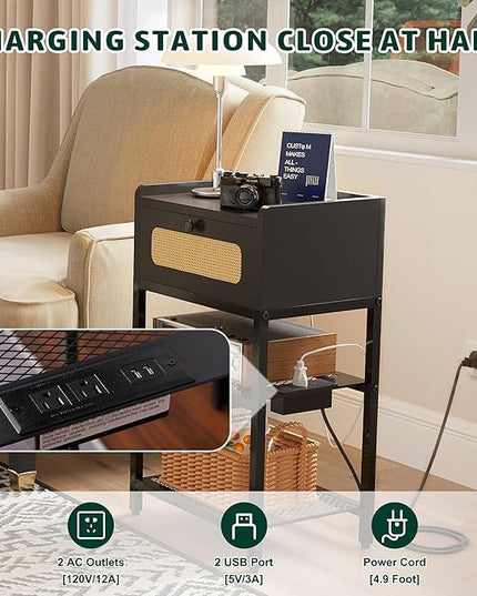 Night Stand, Side Table with Rattan Drawer, Nightstand with Charging Station, Industrial Bedside Table with 3-Tier Storage, Black JET003CB1 - LeafyLoom