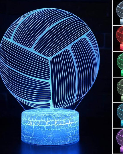 Volleyball 3D Illusion Night Light,16 Colors Changing Touch Switch & Remote Control,Acrylic Flat & ABS White Crack Base &USB Cable Table Lamp - LeafyLoom