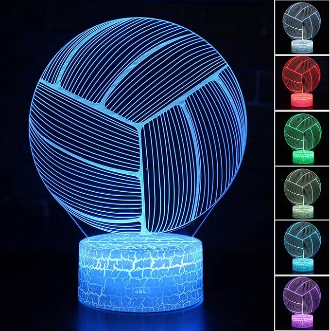 Volleyball 3D Illusion Night Light,16 Colors Changing Touch Switch & Remote Control,Acrylic Flat & ABS White Crack Base &USB Cable Table Lamp - LeafyLoom