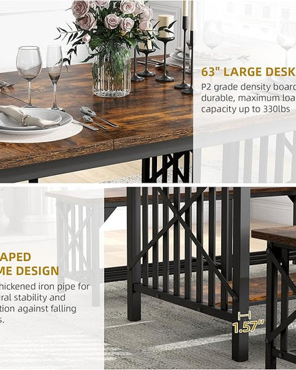 DWVO 3-Piece Dining Table Set for 4-6 People, 63" Dining Room Table with 2 Benches, Industrial Rectangular Dining Room Table Set with Storage for Kitchen, Dining Room, Rustic Brown - LeafyLoom