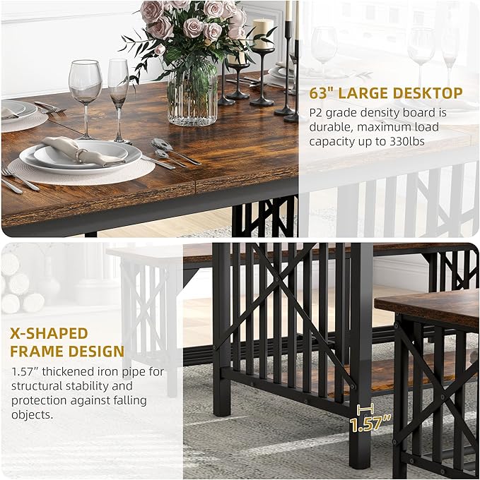 DWVO 3-Piece Dining Table Set for 4-6 People, 63" Dining Room Table with 2 Benches, Industrial Rectangular Dining Room Table Set with Storage for Kitchen, Dining Room, Rustic Brown - LeafyLoom