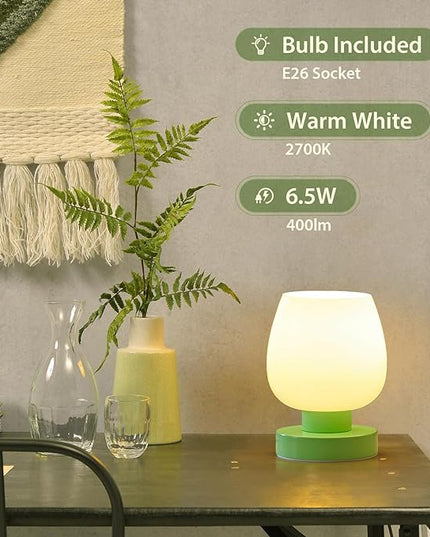 Touch Bedside Table Lamp Set of 2 - Small Modern Table Lamp for Bedroom Living Room Nightstand, 3-Way Dimable Desk lamp with Light Pink Glass Lamp Shade, 2700K LED Bulb, Simple Design Green - LeafyLoom