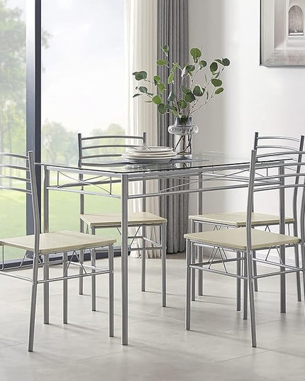 VECELO Dining Table with 4 Chairs [4 Placemats Included-] Silver X-Large - LeafyLoom