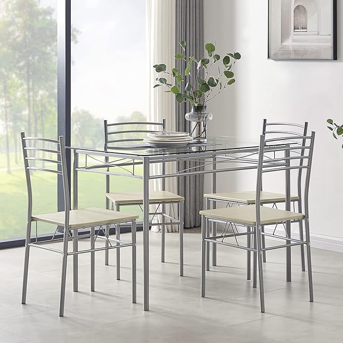 VECELO Dining Table with 4 Chairs [4 Placemats Included-] Silver X-Large - LeafyLoom