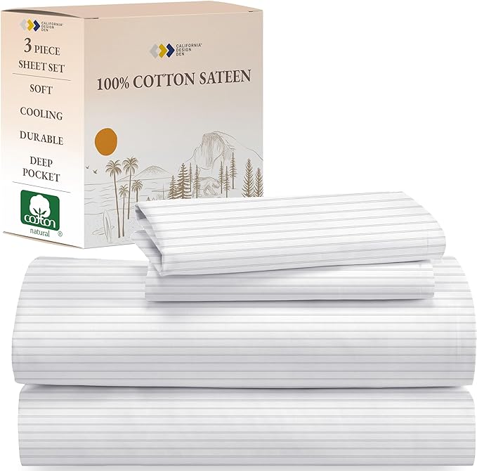California Design Den Stripe Twin Sheets Set, 100% Cotton 3 Pc Deep Pocket Twin Size Sheets & Pillowcase Set - Classic Stripe - LeafyLoom