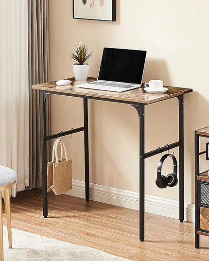 VECELO 32" Computer Writing Desk for Home Office, Study Table Workstation for Small Spaces with 4 Hooks & Adjustable Legs, Metal Frame,Brown, 32Inches - LeafyLoom