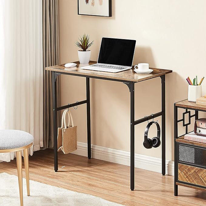VECELO 32" Computer Writing Desk for Home Office, Study Table Workstation for Small Spaces with 4 Hooks & Adjustable Legs, Metal Frame,Brown, 32Inches - LeafyLoom