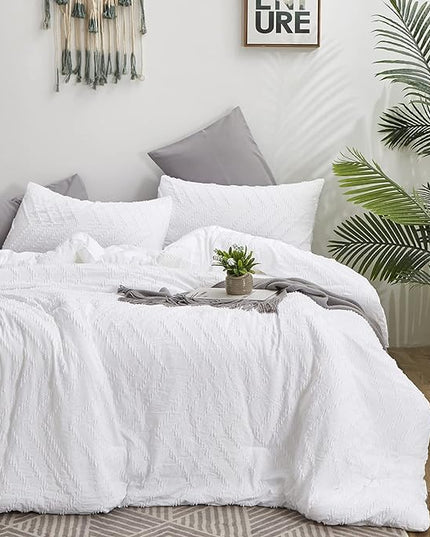 Wellboo White Tufted Jacquard Boho Comforter Set Full Size White Bedding Set Shabby Chic All Season Bed Quilt Women Men White Farmhouse Embroidery Blanket Soft Adult Broken Line Wave Geometry Bed - LeafyLoom