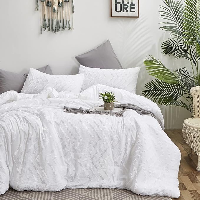 Wellboo White Tufted Jacquard Boho Comforter Set Full Size White Bedding Set Shabby Chic All Season Bed Quilt Women Men White Farmhouse Embroidery Blanket Soft Adult Broken Line Wave Geometry Bed - LeafyLoom