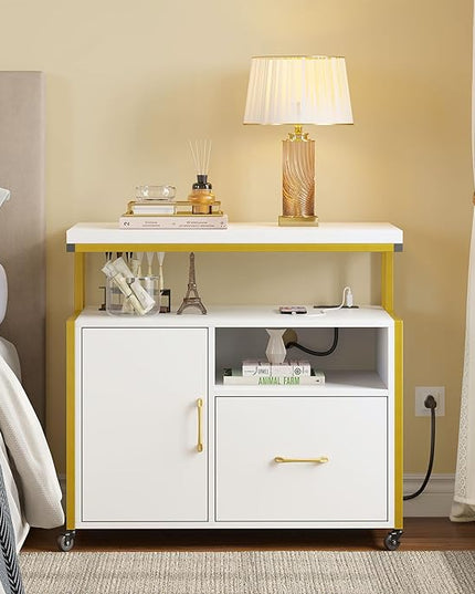 YITAHOME Wood File Cabinet with Charging Station, Rolling Filing Cabinet Cart with Door, Industrial Nightstand with Printer Shelf for Home Office, Bedroom, Living Room, Entryway, Gold and White - LeafyLoom