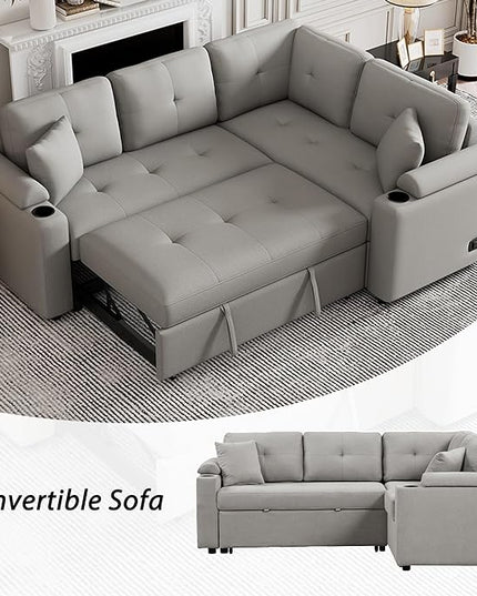 87.4" L-Shape Sectional Sleeper Sofa with Chaise &Pull-out bed, Boucle Upholstered Couch w/USB Ports, Power Sockets and Built-in Cup Holder, for Living Room, Apartment, 87.4 Inch, Dark Gray - LeafyLoom