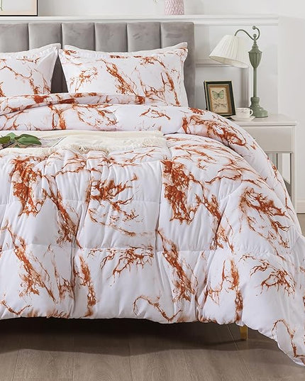 Litanika Rust Marble Comforter Full(79x90lnch), 3 Pieces(1 Marble Comforter and 2 Pillowcases) Soft Microfiber Comforter Bedding Set for Men and Women - LeafyLoom