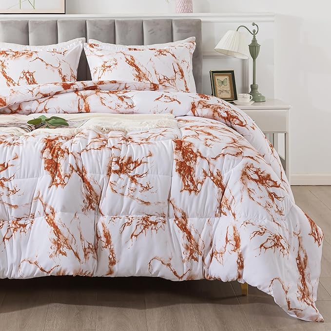 Litanika Rust Marble Comforter Full(79x90lnch), 3 Pieces(1 Marble Comforter and 2 Pillowcases) Soft Microfiber Comforter Bedding Set for Men and Women - LeafyLoom