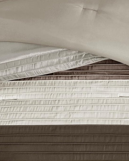Madison Park Amherst Faux Silk Comforter Set-Casual Contemporary Design All Season Down Alternative Bedding, Matching Shams, Bedskirt, Decorative Pillows, Cal King(104"x92"), Natural, 7 Piece - LeafyLoom