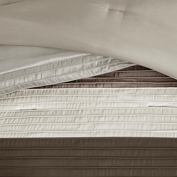 Madison Park Amherst Faux Silk Comforter Set-Casual Contemporary Design All Season Down Alternative Bedding, Matching Shams, Bedskirt, Decorative Pillows, Cal King(104"x92"), Natural, 7 Piece - LeafyLoom
