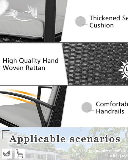 Shintenchi Outdoor 3 Piece Rocking Bistro Set, Wicker Patio Outdoor Furniture Porch Chairs Conversation Sets with Glass-Top Coffee Table for Backyard Porch Poolside Lawn, Garden,Gray - LeafyLoom