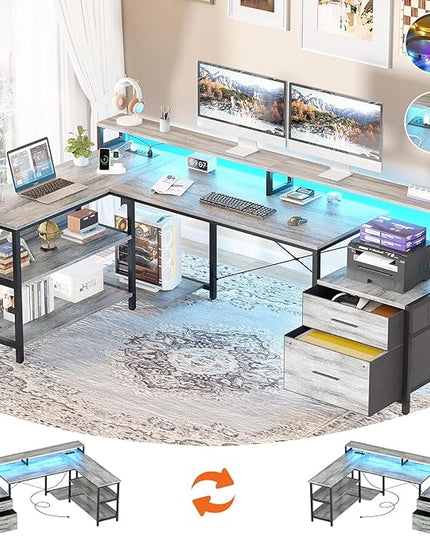 Aheaplus L Shaped Desk with File Drawer, 66" Reversible L Shaped Computer Desk with Power Outlet & LED Strip, Gaming Desk with Monitor Stand, Office Desk Corner Desk with Storage Shelf, White Oak - LeafyLoom
