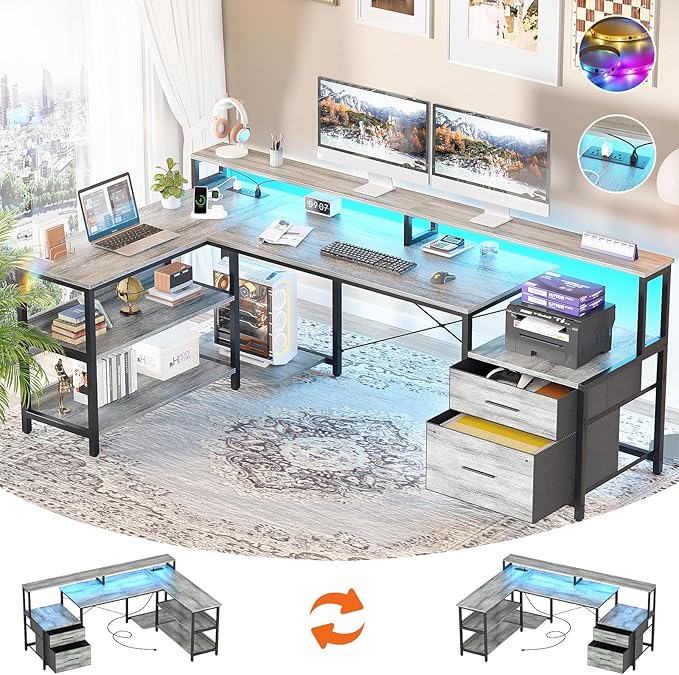 Aheaplus L Shaped Desk with File Drawer, 66" Reversible L Shaped Computer Desk with Power Outlet & LED Strip, Gaming Desk with Monitor Stand, Office Desk Corner Desk with Storage Shelf, White Oak - LeafyLoom