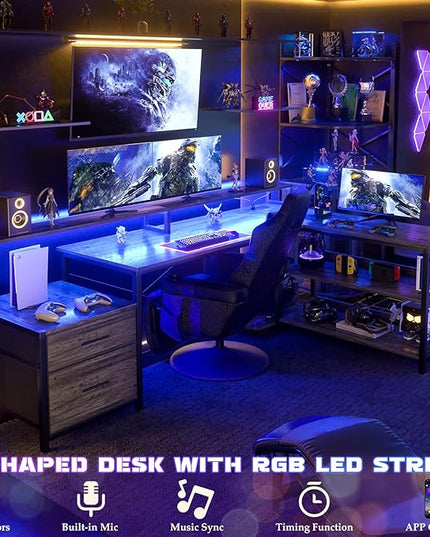 Aheaplus L Shaped Desk with File Drawer, 72.8" Reversible L Shaped Computer Desk with Power Outlet & LED Strip, Gaming Desk with Monitor Stand, Office Desk Corner Desk with Storage Shelf, Grey Oak - LeafyLoom