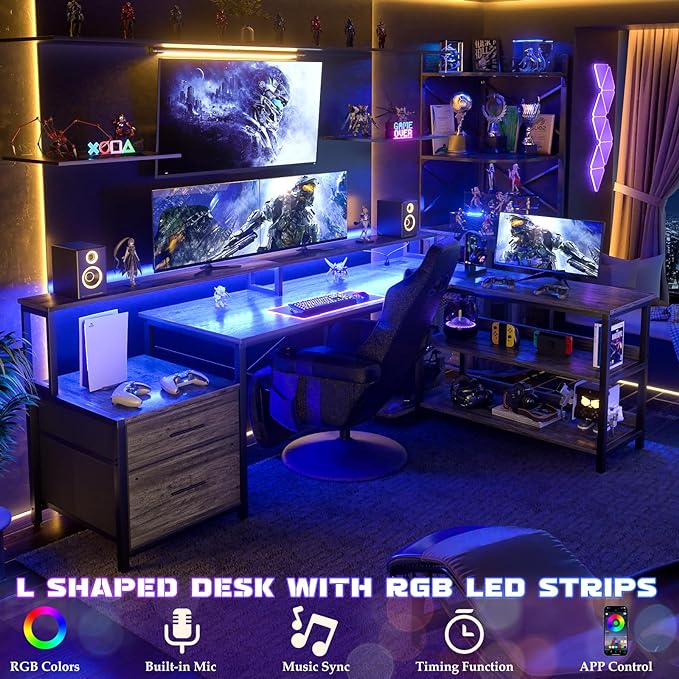 Aheaplus L Shaped Desk with File Drawer, 72.8" Reversible L Shaped Computer Desk with Power Outlet & LED Strip, Gaming Desk with Monitor Stand, Office Desk Corner Desk with Storage Shelf, Grey Oak - LeafyLoom
