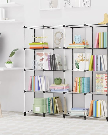 HOMIDEC Book Shelf 16 Cubes Bookcase Bookshelf Cube Storage Organizer Portable Display Bookshelf Kids Bookshelf Book Case for Study Room,Bedroom,Office,Living Room,Closet Transparent - LeafyLoom