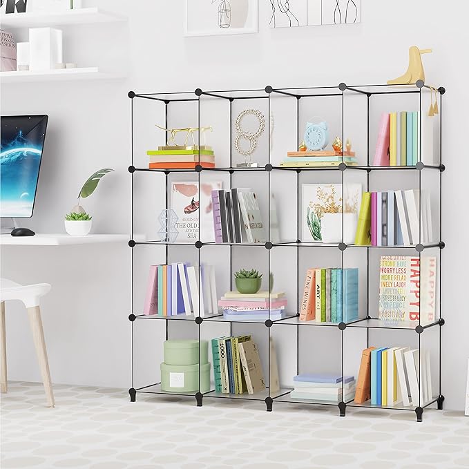 HOMIDEC Book Shelf 16 Cubes Bookcase Bookshelf Cube Storage Organizer Portable Display Bookshelf Kids Bookshelf Book Case for Study Room,Bedroom,Office,Living Room,Closet Transparent - LeafyLoom