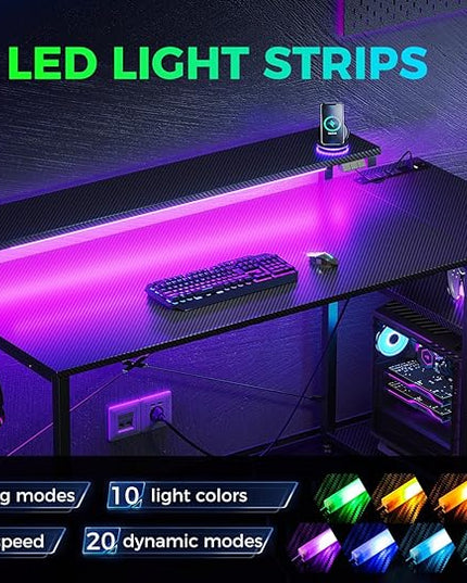 MOTPK Gaming Desk with Led Lights & Power Outlet, 47 Inch Gaming Computer Desk with Shelves, Reversible Gamer Desk Table with Adjustable Monitor Stand & Headphone Hook, Carbon Fiber Texture, Black - LeafyLoom