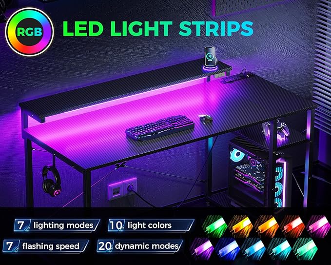 MOTPK Gaming Desk with Led Lights & Power Outlet, 47 Inch Gaming Computer Desk with Shelves, Reversible Gamer Desk Table with Adjustable Monitor Stand & Headphone Hook, Carbon Fiber Texture, Black - LeafyLoom