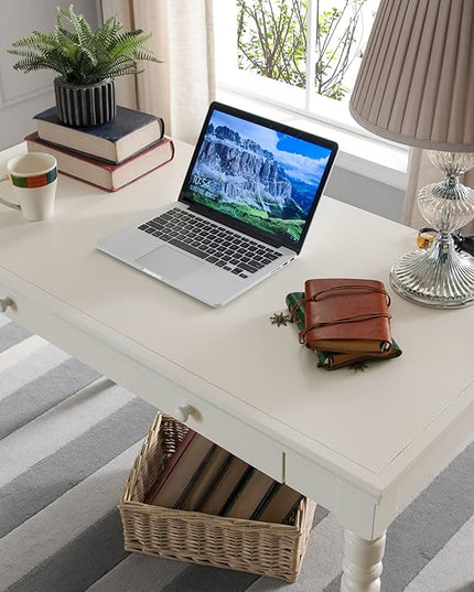 Leick Home Cottage White Turned leg Laptop Desk with Center Drawer, White - LeafyLoom