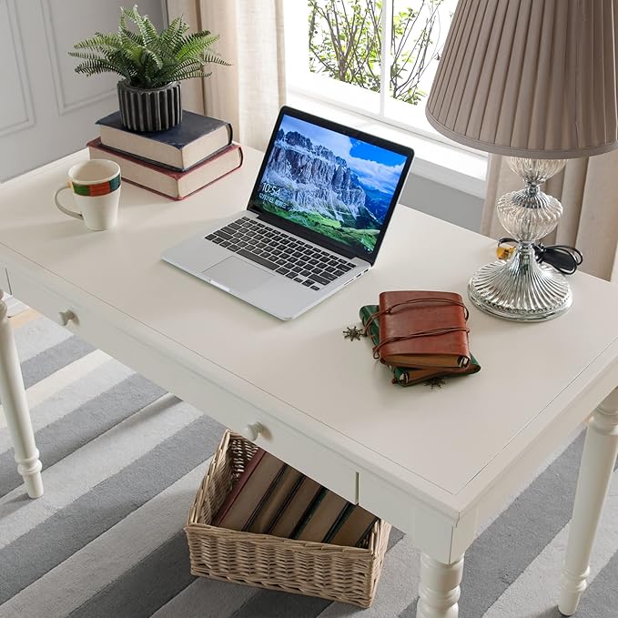 Leick Home Cottage White Turned leg Laptop Desk with Center Drawer, White - LeafyLoom