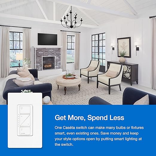 Lutron Caseta 3 Way Smart Dimmer Switch Kit, w/ Wireless 3 way Pico Remote and Bracket, Light Switch for LED Lights, No Neutral Required, P-PKG1WB-WH Lutron