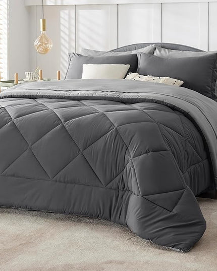 Bedsure Dark Grey Full Size Comforter Set - 7 Pieces Reversible Full Bed in a Bag, Full Bed Set Dark Grey with Comforters, Sheets, Pillowcases & Shams - LeafyLoom