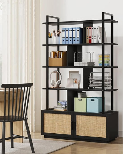 GAOMON 5 Tier Rattan Bookshelf with Storage Cabinet & Door, 71.1 Inch Tall Industrial Book Shelf with Open Display Shelves, 5 Shelf Bookcase with Metal Frame for Living Room, Bedroom -Black - LeafyLoom