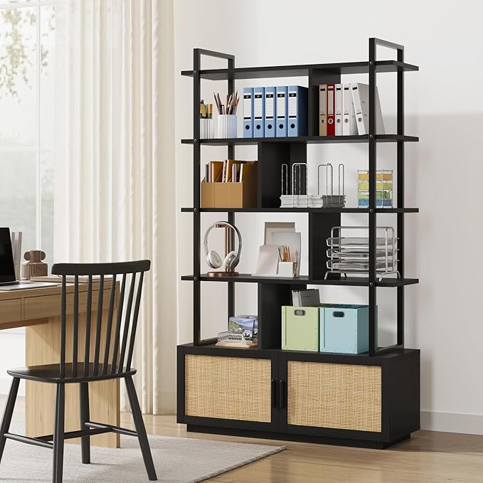 GAOMON 5 Tier Rattan Bookshelf with Storage Cabinet & Door, 71.1 Inch Tall Industrial Book Shelf with Open Display Shelves, 5 Shelf Bookcase with Metal Frame for Living Room, Bedroom -Black - LeafyLoom