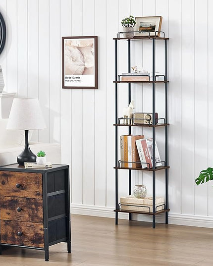 5-Tier Tall Bookshelf, Narrow Bookcase with guardrail, Freestanding Storage Stand Display Rack for Living Room, Bedroom, Home Office, Rustic Brown and Black - LeafyLoom