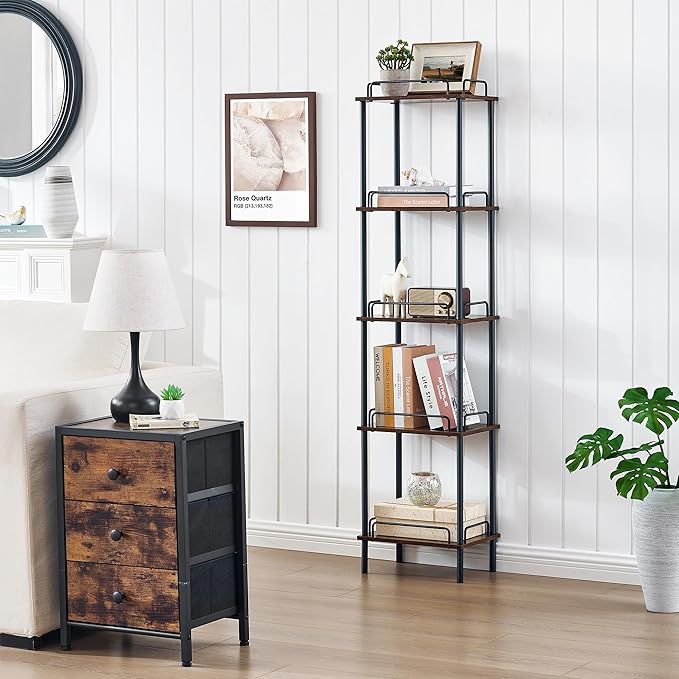 5-Tier Tall Bookshelf, Narrow Bookcase with guardrail, Freestanding Storage Stand Display Rack for Living Room, Bedroom, Home Office, Rustic Brown and Black - LeafyLoom