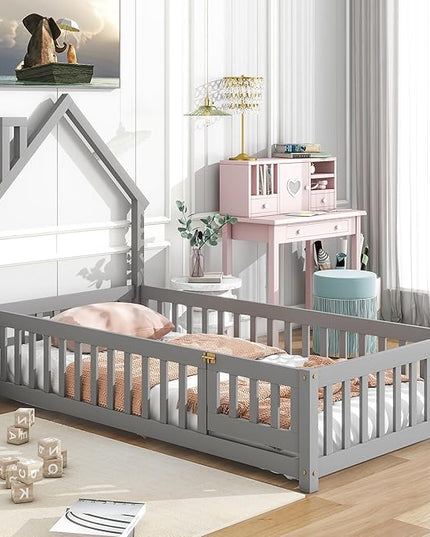 Twin Size Kids Montessori Floor Bed,House-Shaped Headboard Floor Bed for Kids,Floor Bed with Fence and Door,House Bed Twin Frame for Girls,Boys(Twin,Grey) - LeafyLoom